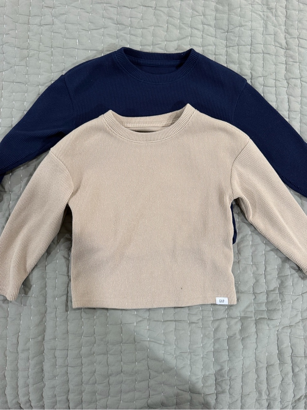 GAP Kids Waffle Long Sleeve Tops - Navy & Beige